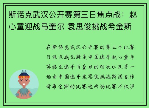 斯诺克武汉公开赛第三日焦点战：赵心童迎战马奎尔 袁思俊挑战希金斯